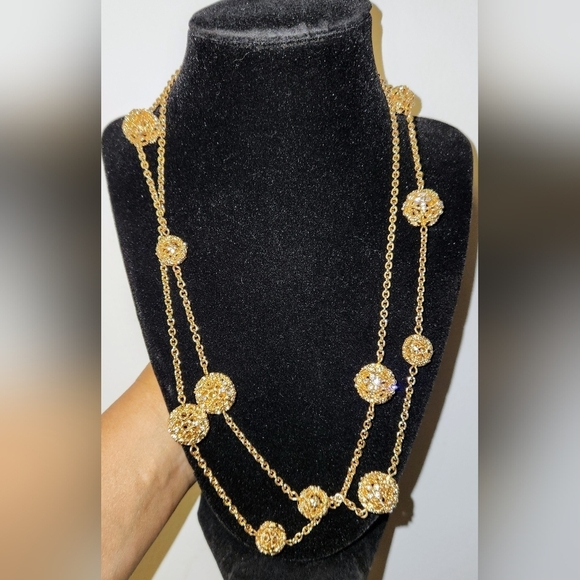 Charter Club Sautoir Gold Plated Floral Necklace / Cubic Zirconia Flowers Detail - Picture 8 of 14